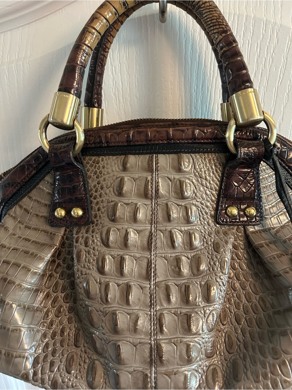 Brahmin Taupe Croc-Embossed Satchel with Dark Brown Trim - Picture 3 of 8